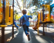 Boy running fast on playground.