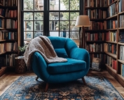 Bookshelves full of books surround a cozy blue chair on all sides.