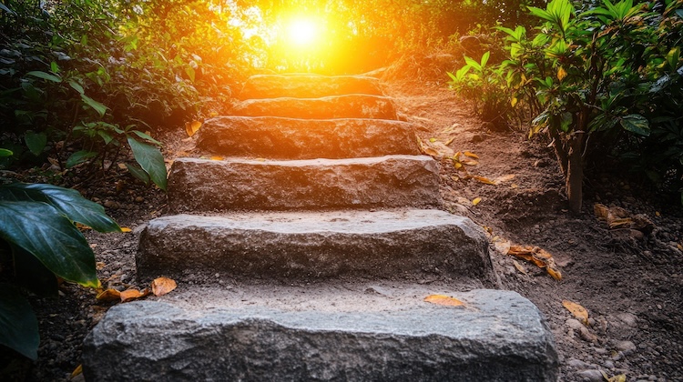 Stone steps in a forest leading up towards a light.