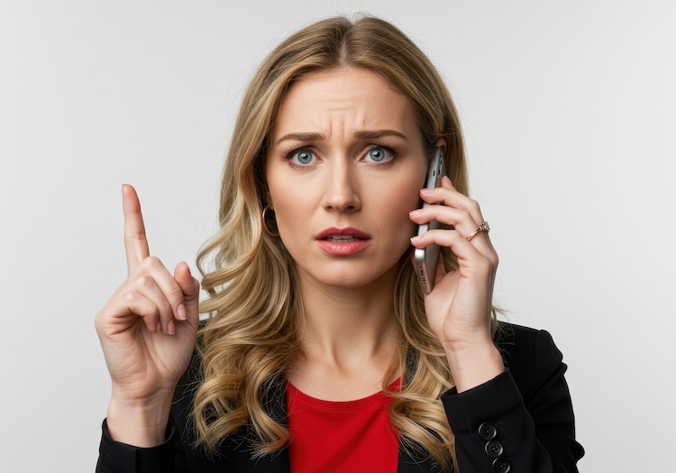 Woman in blazer talking on her cell phone while holding up her pointer finger.