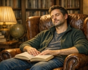 Young man napping in leather recliner with a book open on his lap.