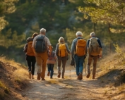 Multi-generation group hiking on a mountain trail.